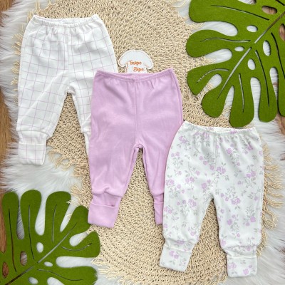 Kit 3 Calças - Quadriculado, Lilás e Flores - Off White